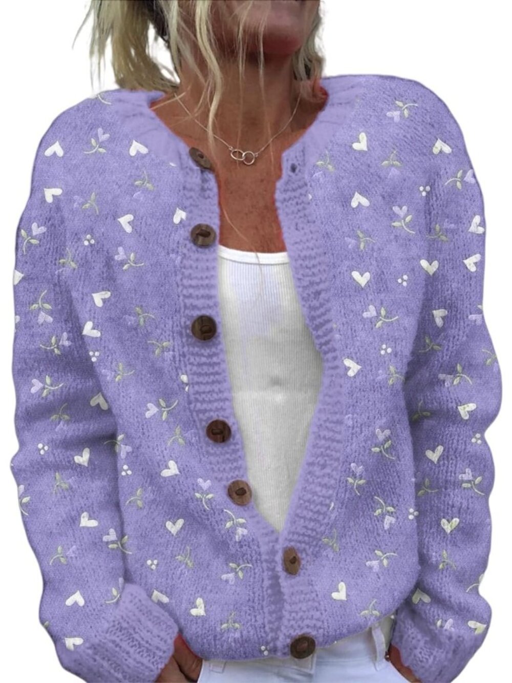 Women’s Purple Heart Floral Print Knit Button Down Cardigan Sweater Top